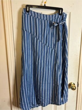 Blue Striped Wrap Maxi Skirt with Tie Waist